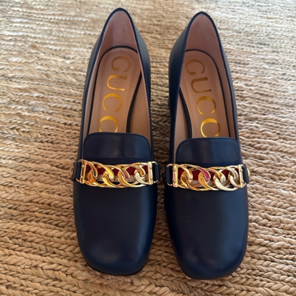Gucci Women's Navy Leather Chain Sylvie Loafers with box and dust bag size 35